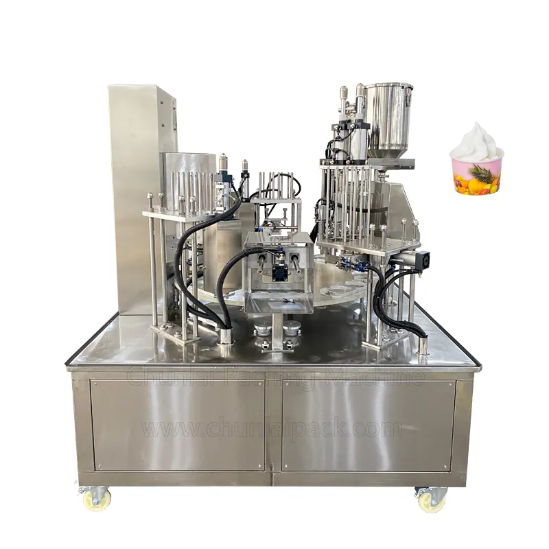 Automatic Rotary Type Yogurt Plastic Cup Filling Sealing Packaging Machine with Plexiglass